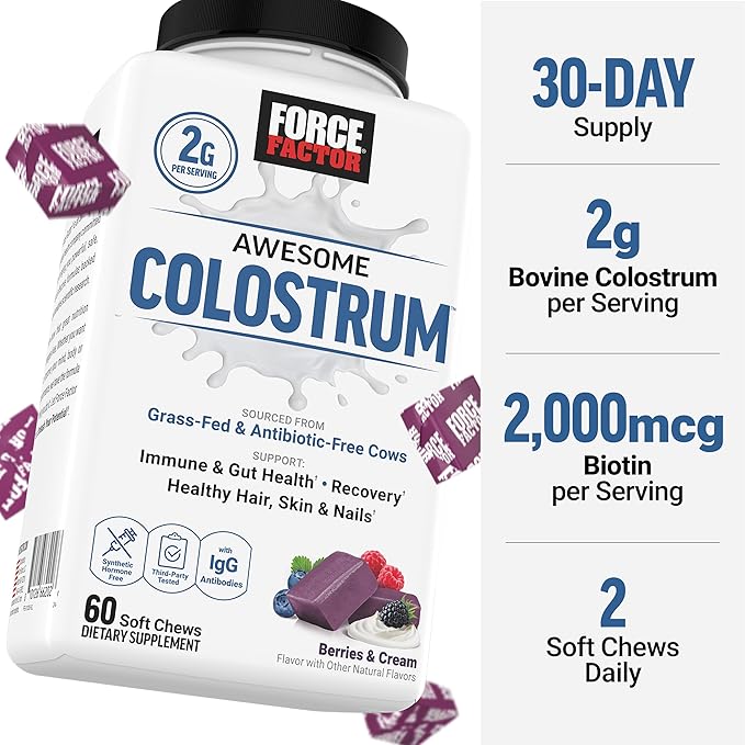 FORCE FACTOR Awesome Colostrum Support Gut &amp Immune Health Recovery Hair Skin &amp Nails Bovine Colostrum Supplement with Biotin Grass-Fed Antibiotic-Free Berries &amp Cream 60 Soft Che