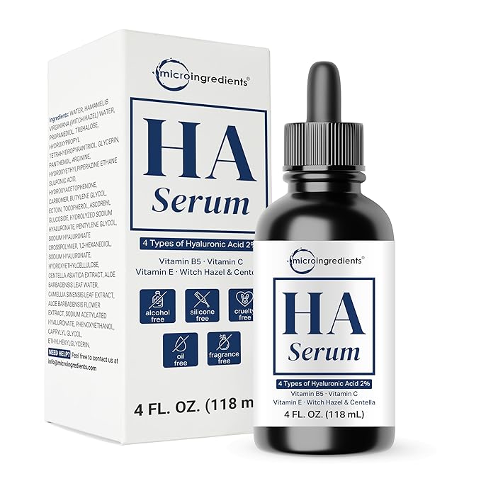 Hyaluronic Acid Serum with Vitamin B5 for Face | Lightweight Hydrating Face Serum for Dry &amp Sensitive Skin | 4 Types of HA at 2% with Vitamin C &amp E | Oil-Free &amp Fragrance-Free 4 fl oz