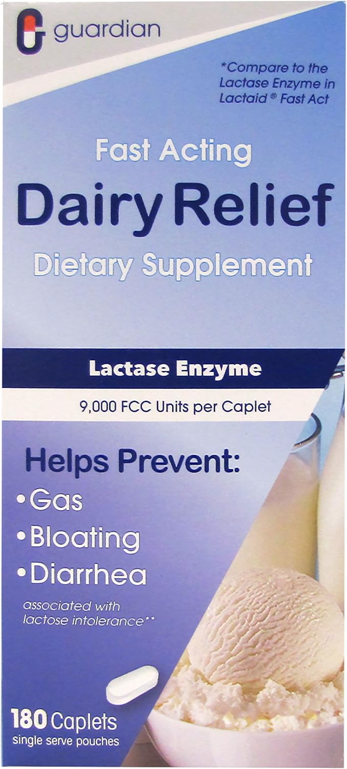guardian Dairy Relief Fast Acting Lactase 360 Caplets 9000 FCC Maximum Strength Lactose Intolerance Pills Lactase Enzyme Supplement (360 CT)
