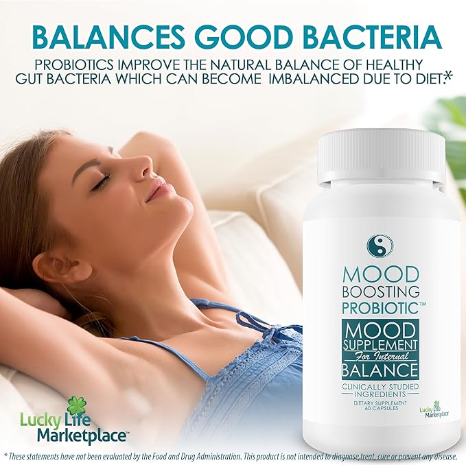 Mood Boosting Probiotic Mood Supplement - Universal Formula for Women &amp Men - Prebiotic &amp Probiotic Support for Full Body Benefits - Aid Improved Digestive Health &amp Immune Health
