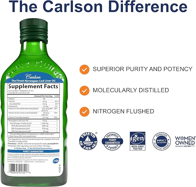 Carlson - Cod Liver Oil 1100 mg Omega-3s Plus Vitamins A &amp D3 - Wild Caught EPA DHA Omega 3 Supplement - Norwegian Arctic Sustainably Sourced Nordic Fish Oil Liquid Unflavored 250 mL (8.4 Fl Oz