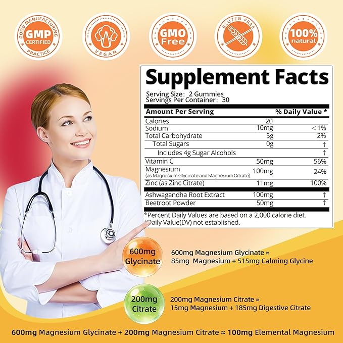 DREAVIO 90 Count Magnesium Glycinate Gummies w/Ashwagandha Supplement - Sugar Free Zinc Magnesium Glycinate Supplement Ashwagandha Gummies for Adults Orange Flavor