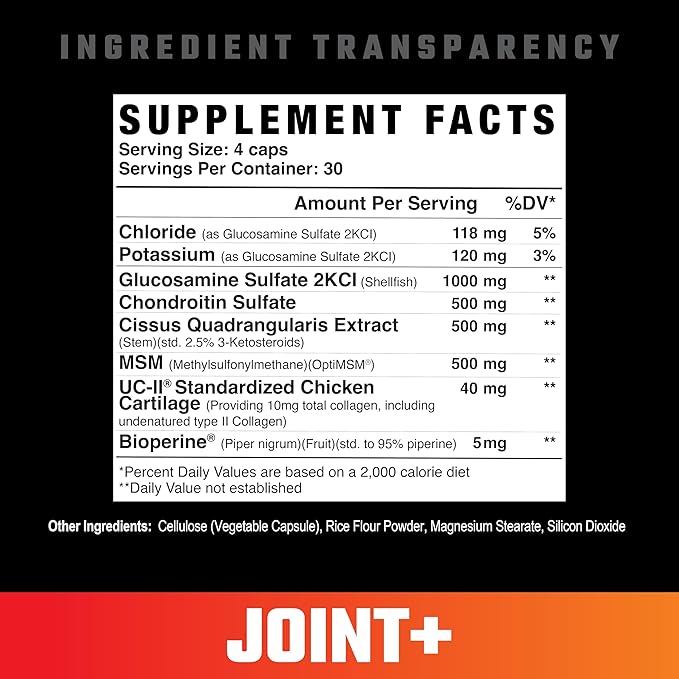 Axe &amp Sledge Joint+ | Joint Health Support Supplement with UC-II Collagen Glucosamine MSM Bioperine | 1g Glucosamine 500mg OptiMSM 40mg UC-II Collagen | 30 Servings