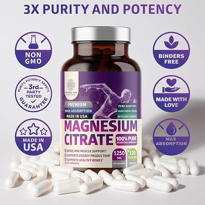 2-Pack Pure Magnesium Citrate Capsules 1250mg Easily Absorbed and Purified Trace Mineral for Muscle and Digestive Support 240 Caps