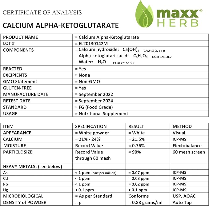 Maxx Herb Calcium Alpha - Ketoglutarate (Ca-AKG) Pure Calcium AKG Powder for Energy Vitality Mental Focus Clarity &amp DNA Structure Gluten Free - 100 Gram Jar (67 Servings) (3.53 Ounce (Pack of