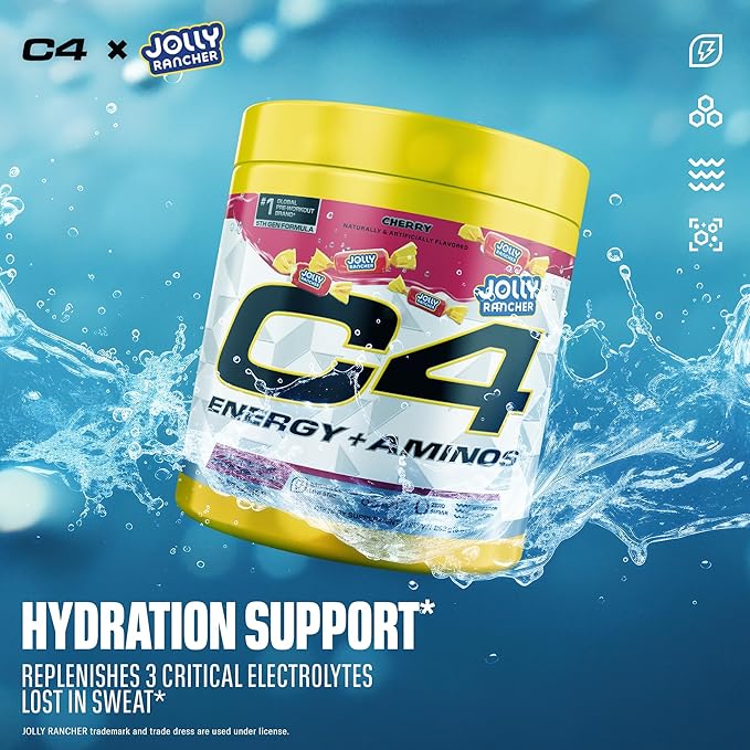 C4 Energy + Aminos Powder Jolly Rancher Cherry 5g BCAAs &amp EAAs for Muscle Recovery 3 Electrolytes for Hydration 100mg Natural Caffeine Pre Workout Zero Sugar 30 Servings