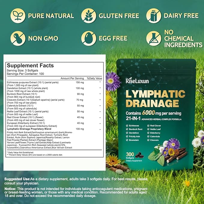21-in-1 Liposomal Lymphatic Drainage Supplements 200 Day Supply 6000mg Lymph System Support for Women &amp Men with Echinacea Dandelion Burdock Bromelain Calendula Turmeric &amp More 2 Bag