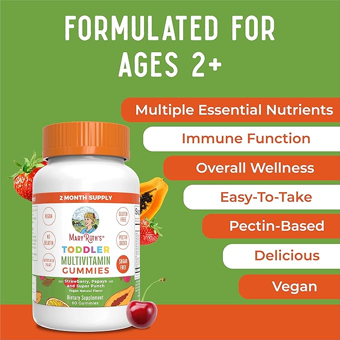 MARYRUTH'S Sugar Free Vitamin Gummies for Kids Age 2 | 2 Month Supply Multivitamin with Vitamin C D3 Zinc | 1 Gummy Per Day | Toddler Vitamins | Sugar Free | Vegan | Non GMO | 60 Count