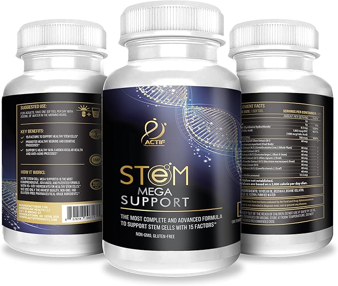 ACTIF Stem Cell Mega Support with 15 Factors - Non-GMO 2 Month Supply Made in USA