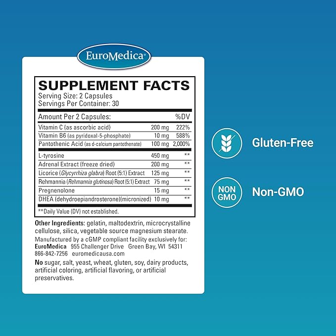 EuroMedica Adrenaplex - Adrenal Gland Function Supplement - Glandular Support Supplement with Vitamins C &amp B6 - Supports Healthy Adrenal Function - Keep Out of Reach of Children - 60 Capsules