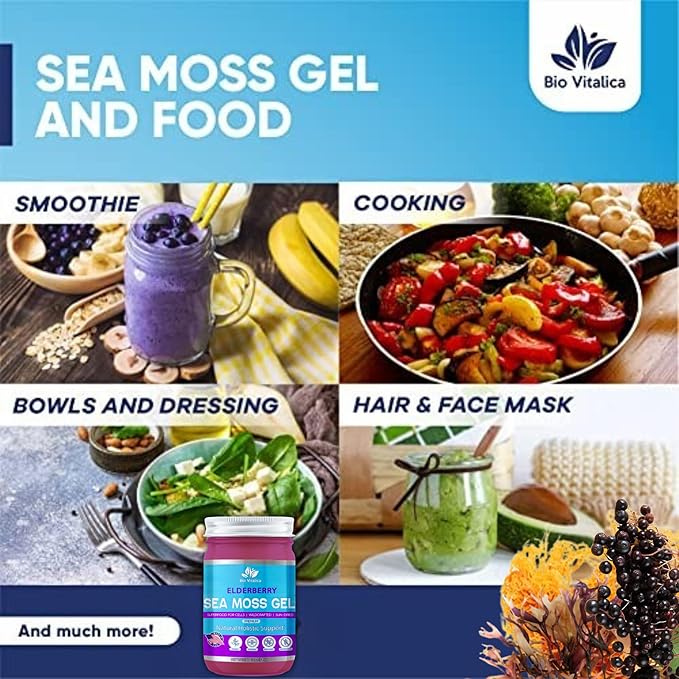 Sea Moss Gel by BioVitalica - Irish sea Moss raw Organic - Premium Quality - Dr Sebi Vegan superfood for Cells - 100% Natural Seamoss Gel - (Pack of 2 Elderberry)