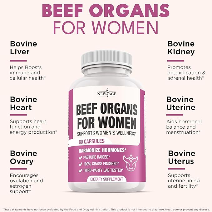 NEW AGE Beef Organ Supplement for Women - Beef Liver Kidney Heart and Uterus Tissue Supports Women's Overall Energy and Health - Pasture Raised Grass Fed - No Fillers - 120 Capsules