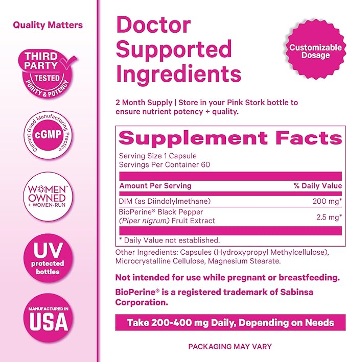 Pink Stork DIM Supplement for Women - Estrogen and Hormone Balance for Menopause Perimenopause &amp PMS - DIM 200 mg Plus BioPerine for Mood Support - 60 Day Supply