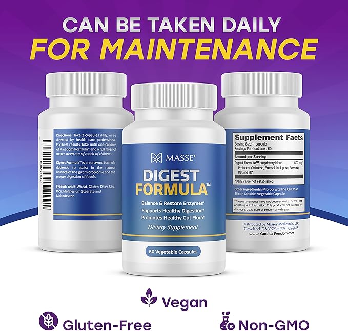 MASSE' Digest Formula Supplement Enzyme Boost Capsules - Advanced Formula for Digestive Health &amp Gut Flora Support - Natural Organic Enzyme Supplement for Digestive Care and Overgrowth- 60 Count