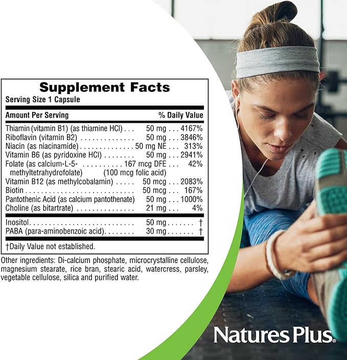 NaturesPlus Super B-50 - High-Potency B Complex Vitamin with Choline Inositol &amp PABA - Supports Energy Recovery &amp Healthy Skin and Hair - Vegan Gluten Free - 90 Capsules 90 Servings