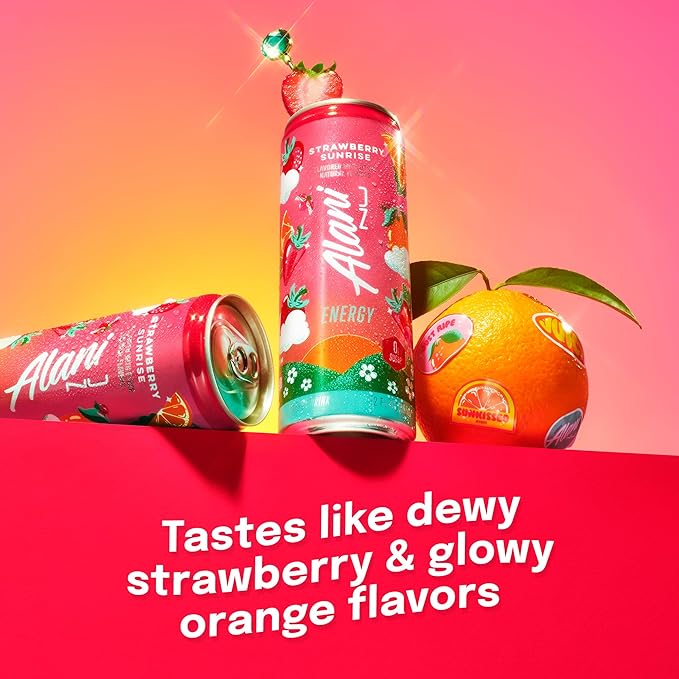 Alani Nu STRAWBERRY SUNRISE Sugar Free Low Calorie Energy Drinks 200mg Caffeine Biotin B Vitamins Zero Sugar 10 Calories 12 Fl Oz Cans 24 Pack