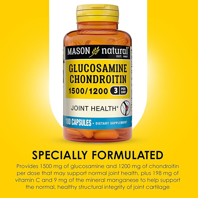 MASON NATURAL Glucosamine Chondroitin 1500/1200 3 Per Day with Vitamin C - Supports Joint Function for Normal Flexibility &amp Mobility* 180 Capsules