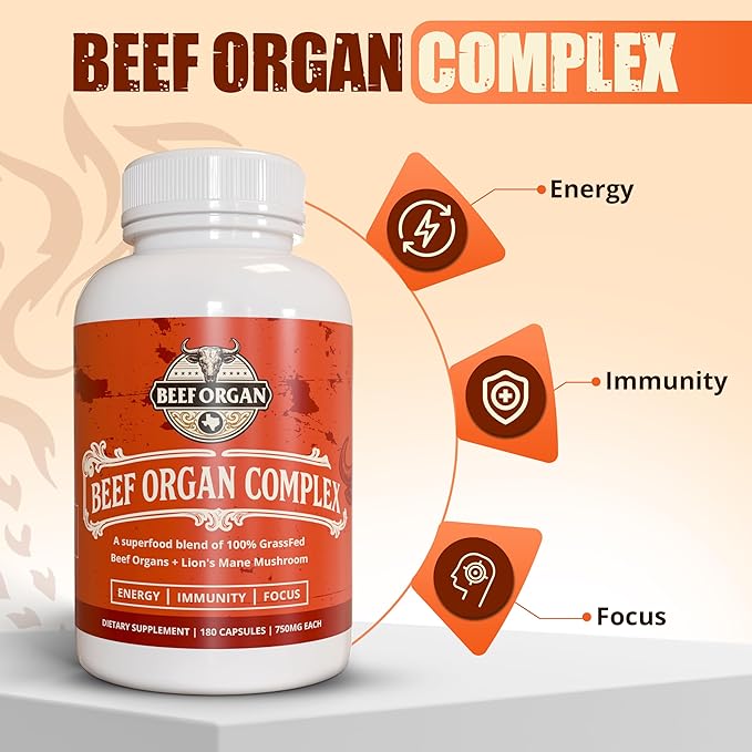 Grass Fed Beef Organ Supplement - Supports Immunity &amp Vitality - Beef Organ Complex for Men &amp Women - Superfood Blend with Lions Mane &amp Cinnamon - Pasture Raised - 180 Capsules