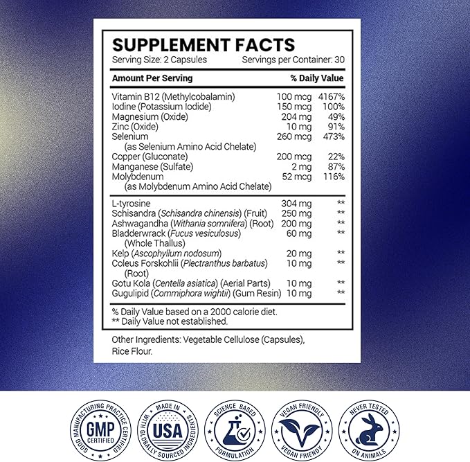 Research Verified® Thyroid Aid - Optimal Thyroid Function with Iodine Copper &amp Zinc - 260 mcg Selenium - 100% Pure - Vegan Friendly - 60 Capsules - 3 Month Supply