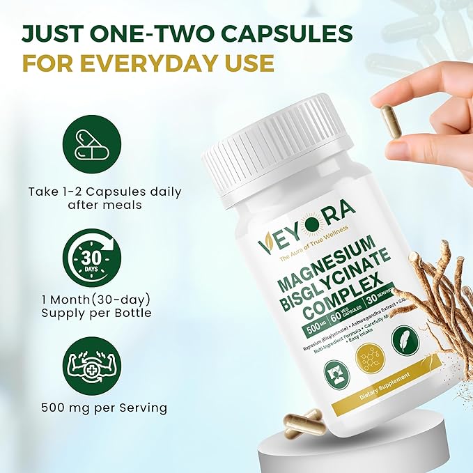 Magnesium Bisglycinate Complex Capsules | 120 mg Magnesium per Serving | with KSM-66® Ashwagandha GABA L-Theanine &amp Melatonin | 60 Veg Capsules | Made for USA
