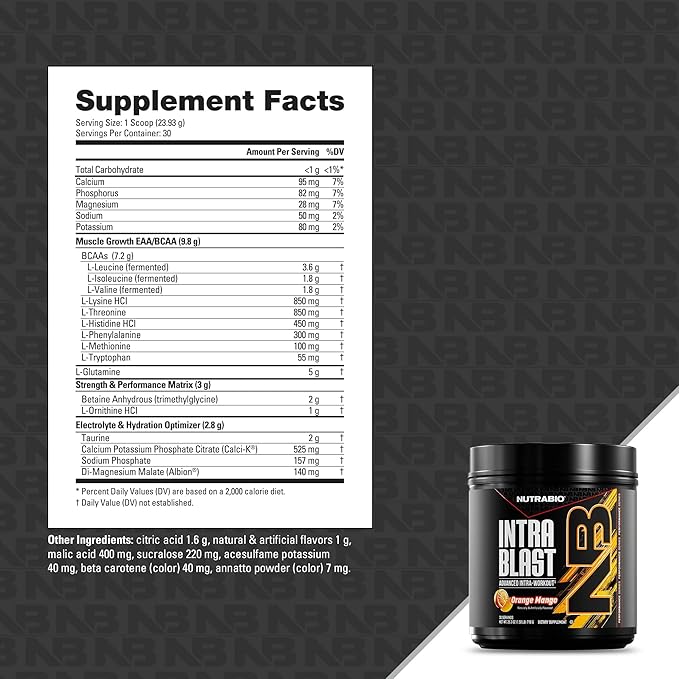 NutraBio Intra Blast Bcaa Powder Amino Acid Supplement Electrolyte &amp Hydration Blend Intra Pre Workout &amp Muscle Recovery 20g Eaa Amino Acids Powder 5g Glutamine- Orange Mango 30 Serving