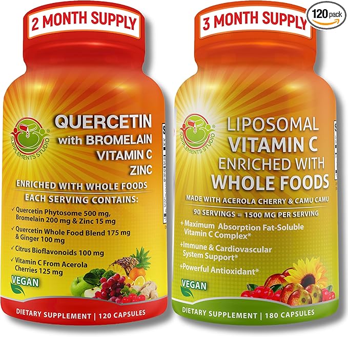 Quercetin with Bromelain Vitamin C &amp Zinc &amp Liposomal Vitamin C 1500mg – Immune Support Bundle with Organic Acerola Cherry Camu Camu &amp Whole Food Antioxidants – Vegan Non-GMO Clean Lab