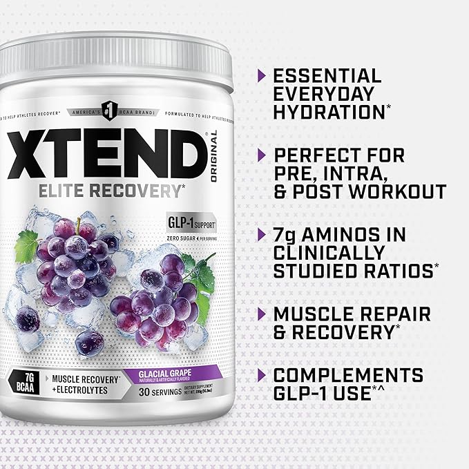 Xtend Original BCAA Powder 7g BCAAs and 2.5g L-Glutamine for Muscle Recovery Hydration and Lean Muscle Sugar Free Intra and Post Workout Drink with Electrolytes Glacial Grape 30 Servings