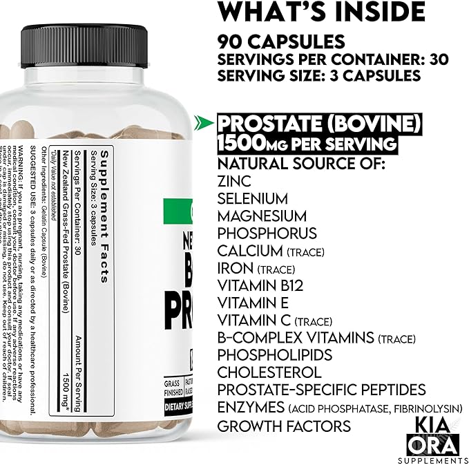 Kia Ora New Zealand Grass-Fed Beef Prostate Supplement | Freeze-Dried Single Ingredient Glandular | Undefatted Whole Organ | No Fillers or Additives | 90 Capsules