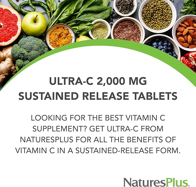 NaturesPlus Ultra-C 2000 mg - 60 Tablets - Vitamin C with Rose Hips - Immune &amp Antioxidant Support - Vegetarian Gluten Free - 60 Servings