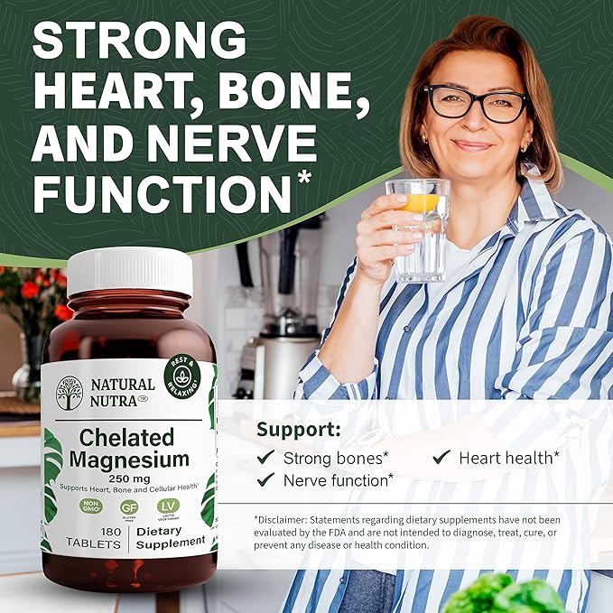 Natural Nutra Chelated Magnesium Oxide 250 mg - High Absorption for Strong Bones Heart Health Dental Health Energy Boost Gluten-Free Non-GMO 180 Tablets in BPA-Free Recyclable Glass Bottles