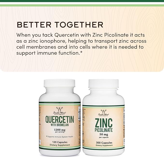 Quercetin with Bromelain - 96% Highly Purified - 120 Count (1200mg Servings) - Supports Healthy Immune Functions in Men and Women (Vegan Safe Third Party Tested Gluten Free) by Double Wood