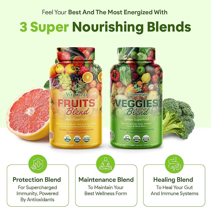 Fruits and Vegetables Supplements With BioPerine Contains 38 Fruits &amp Vegetables Super Food Powder Supplements Formula For Overall Health &amp Nature Energy Boost for Adults Men &amp Women - Ma