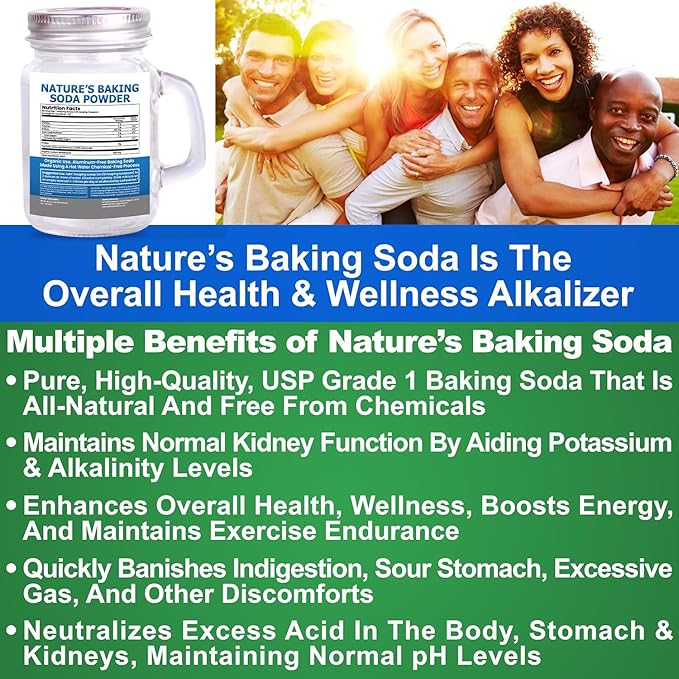 Organic Use Aluminum Free Baking Soda Bulk Supplement Powder in Mason Jar with Lid &amp Spoon - Food Grade &amp Organic Use Baking Soda for pH Balance Kidney Health Antacid &amp Detox Support - 1