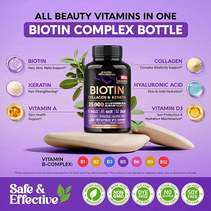 Biotin | Collagen | Hyaluronic Acid | Keratin - Support Normal Hair Growth Cycle Skin &amp Nails - Clinically Tested - 25000mcg Vitamins B1 B2 B3 B6 &amp B7 - for Women &amp Men - Made in USA