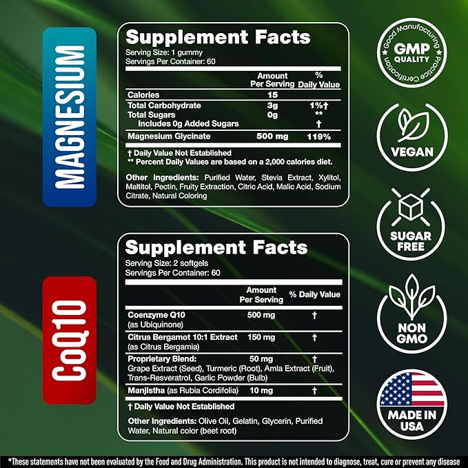 CoQ10 500mg + Magnesium Glycinate Gummies Bundle – High Absorption Coenzyme Q10 120 Softgels &amp 60 Sugar-Free Sleep Gummies – Heart Energy &amp Mood Support – Enhanced Formula USA Made