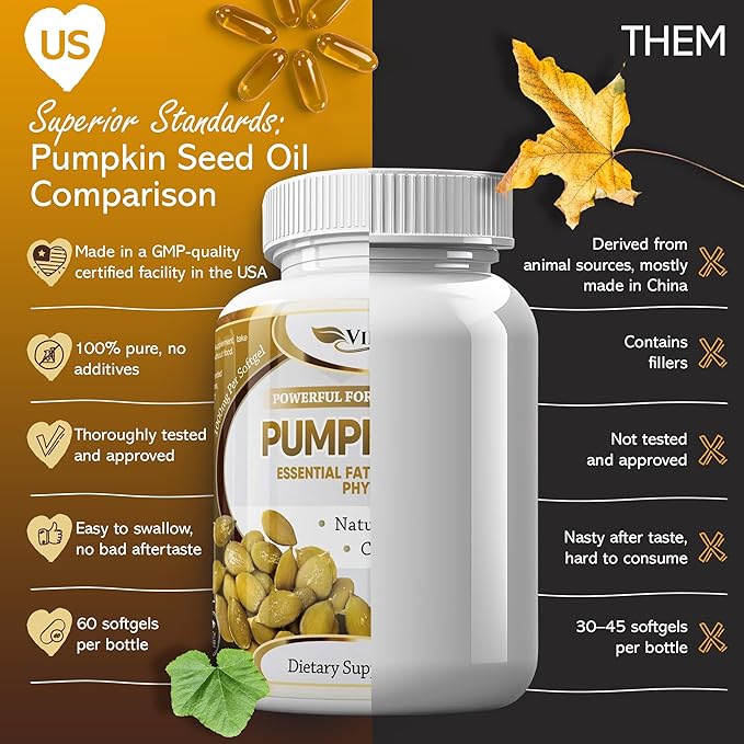vibraxlabs Pumpkin Seed Oil - 100% Cold Pressed Pure 1000mg Extraction - Best for Hair Growth Younger Looking Skin &amp Face Bladder Control Supplement 60 Softgels