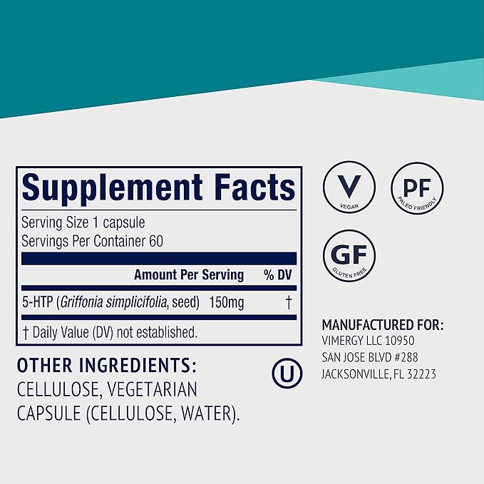 Vimergy 5-HTP Capsules– Clean Formula Supporting a Healthy Mood Better Sleep and May Enhance Serotonin Levels.* Kosher and Vegan. – (60 ct.)
