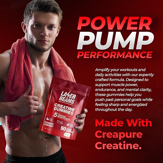 Creatine Monohydrate Gummies - 5g Creapure Creatine per Serving - Vegan - Boost Muscle Strength Endurance Recovery &amp Mental Focus - 90 Gummies Gluten-Free (Strawberry)