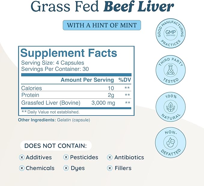 WONDERCOW Beef Liver Capsules Grass Fed Supplement - Desiccated &amp Natural Source of Protein Iron Vitamins A &amp B- Boosts Energy and Immunity | USA Grown Non-GMO Gluten Free