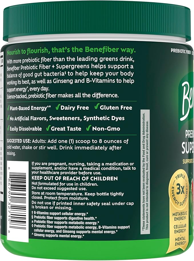 Benefiber Prebiotic GLP-1 Friendly Fiber + Supergreens Dietary Supplement Powder Watermelon Lemonade Flavor 8.8 oz (250g)