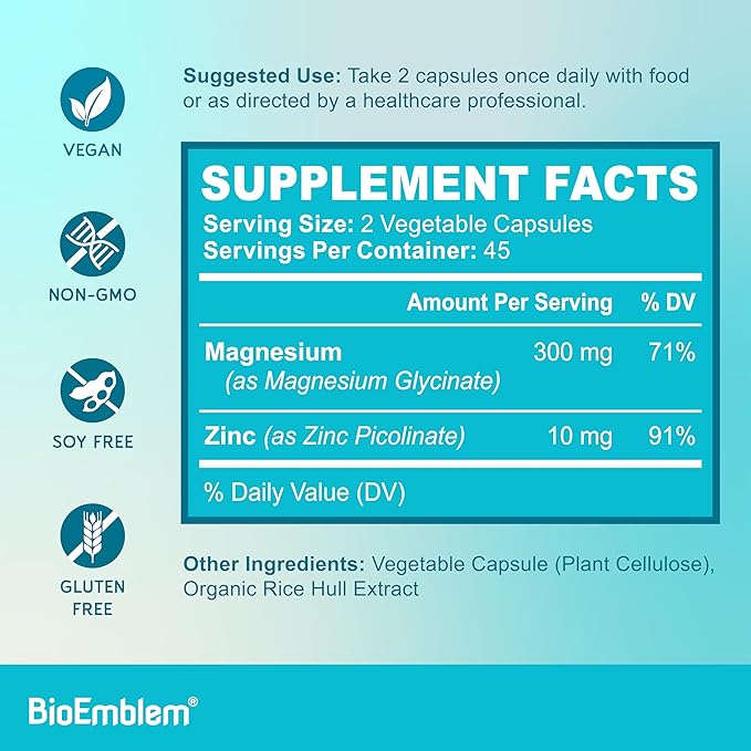 BioEmblem Magnesium Glycinate with Zinc - 300mg Chelated Magnesium Supplement - High Absorption Vegan Non-GMO 2-in-1 Complex - Immune Support Muscles Nerves - 90 Capsules