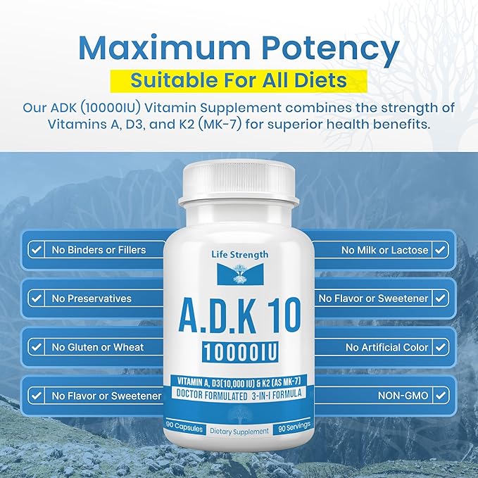 ADK 10 Supplement (180 Count) - Physician Formulated Vitamins A1 D3 &amp K2 (as MK7) for Bone Health - Immune System Support - Gluten Free Soy Free Non-GMO - 90 Capsules