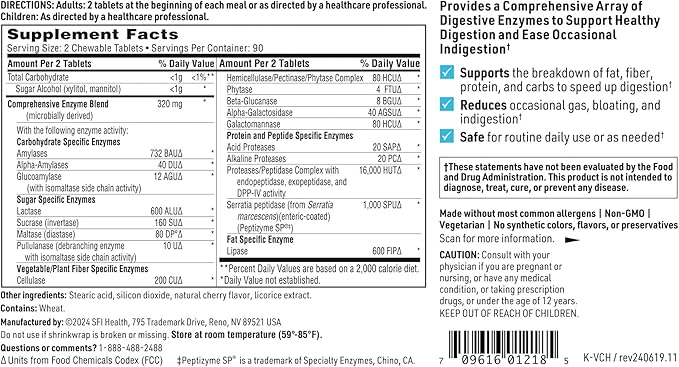 Klaire Labs SFI Health Vital-Zymes Chewable Digestive Enzymes for Adults &amp Kids - Enzymes for Digestion - Cherry-Flavored - May Help Reduce Occasional Gas Bloating &amp Indigestion (180 Chewable