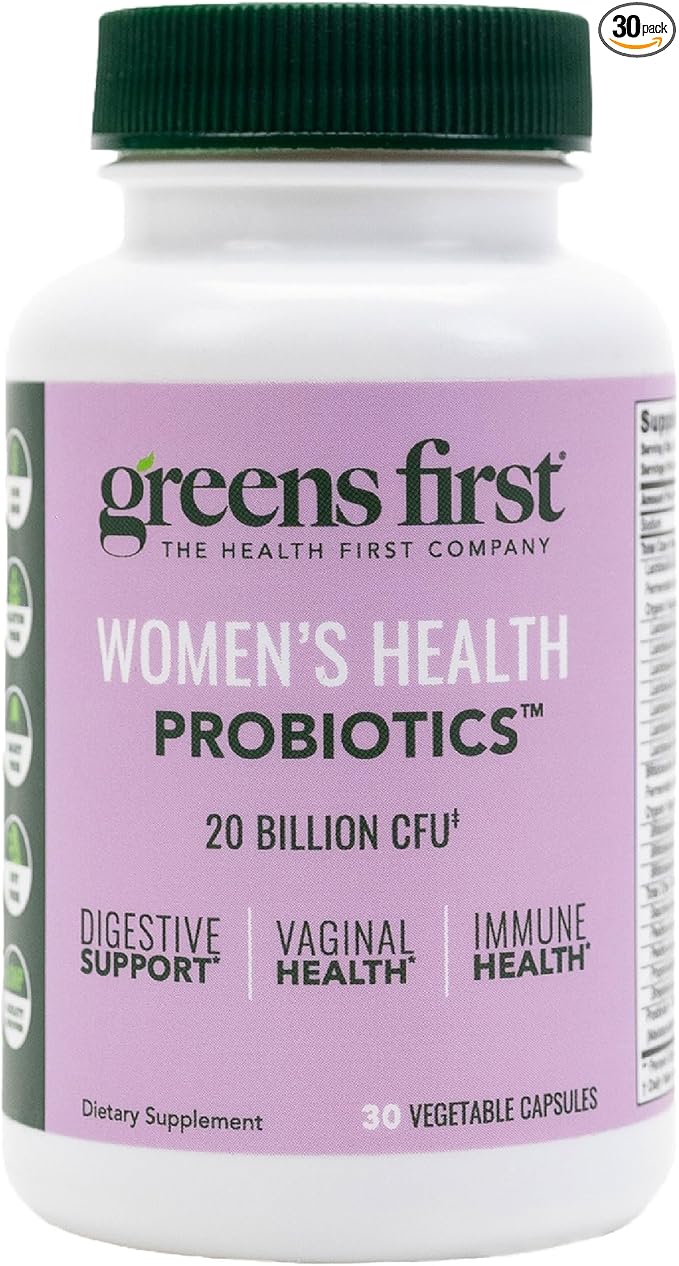 Greens First Women’s Health Probiotics - Probiotic for pH Balance - 20 Billion CFU - Support for Digestive Immune &amp Vaginal Health Non-GMO/Gluten-Free/Dairy-Free/Soy-Free (30 Vegetable Capsules)