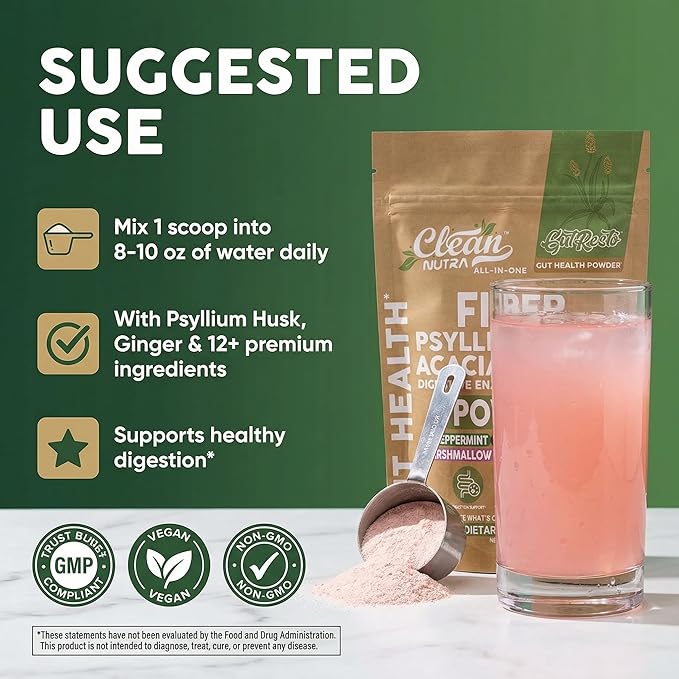 GutResto Fiber Supplement Psyllium Husk Powder Probiotic Gut Health Digestive Enzymes Prebiotic L-Glutamine Slippery Elm Aloe Vera Marshmallow Root Turmeric Ginger Peppermint by Clean Nutra 30 Svgs