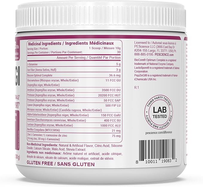 PEScience Complete-GI Gut Health Powder Probiotics for Women and Men Digestive Enzymes Prebiotic Fiber L Glutamine Pepzin GI Zinc Carnosine - Raspberry Flavor 30 Servings