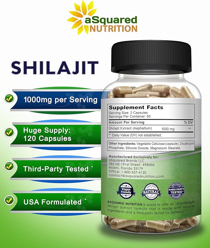aSquared Nutrition Shilajit 1000mg - 120 Capsules - Pure Shilajit Extract Supplement and Powder Complex Pills - Natural Humic &amp Fulvic Acid &amp Trace Minerals - Alternative to Resin &amp Drops