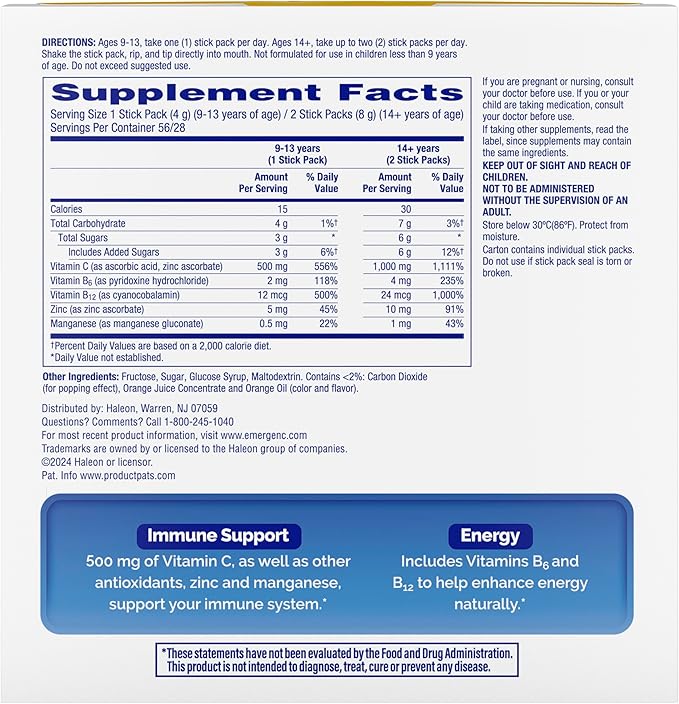 Emergen-C Crystals On-the-Go Emergen-C Immune Support Supplement with Vitamin C B Vitamins Zinc and Manganese Orange Vitality - 56 Stick Packs