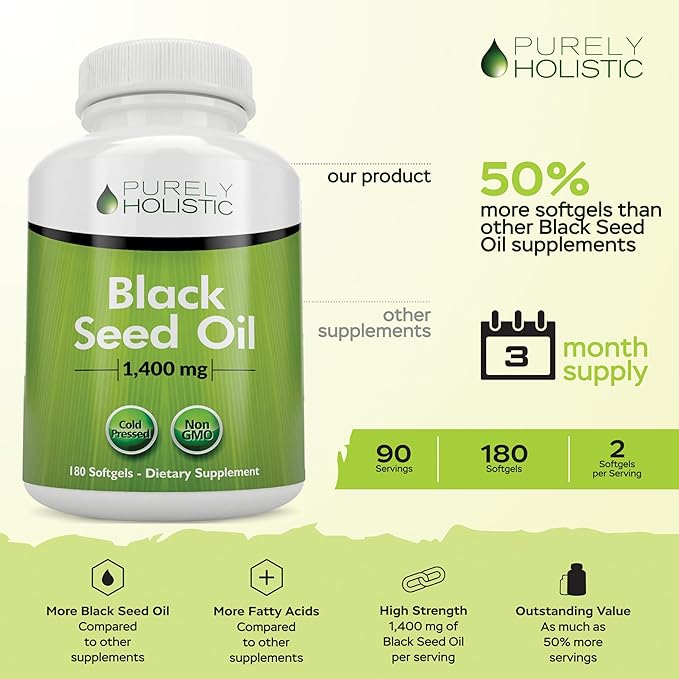 Purely Holistic Black Seed Oil 1400mg + Organic Ashwagandha 1300mg Bundle - 180 Softgels + 180 Capsules - Easy to Swallow - Made in USA