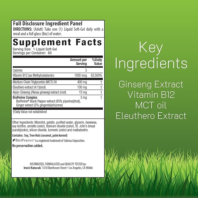 Irwin Naturals One-Per-Day Mega B-12 1500mcg High Potency Methylcobalamin Vitamin - Fast Enhanced Absorption with MCT + Asian Ginseng - Natural Energy Boost - 60 Liquid Softgels (Pack of 2)